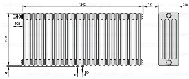 Схема (чертеж) Радиатор Zehnder Charleston 6110/27 №V007 Белый глянцевый RAL 9016